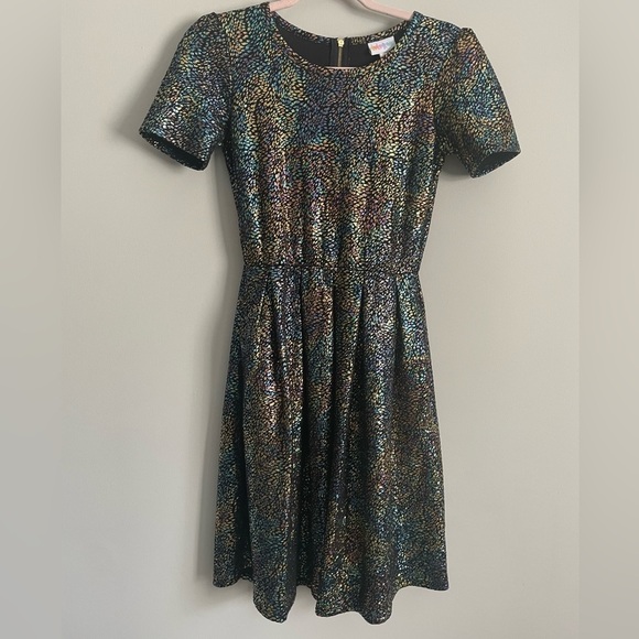 Lularoe Elegant Unicorn Amelia Dress Oil Slick Rainbow Mermaid Metallic - Picture 5 of 14
